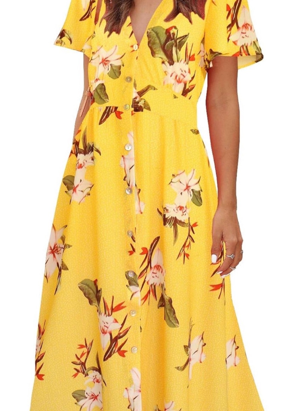 Amazon Yellow Floral Button-Front Midi Dress with Green Accents